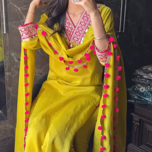 💚 Lime Green Pom Pom Tissue Shalwar – Playful Elegance in Every Drape