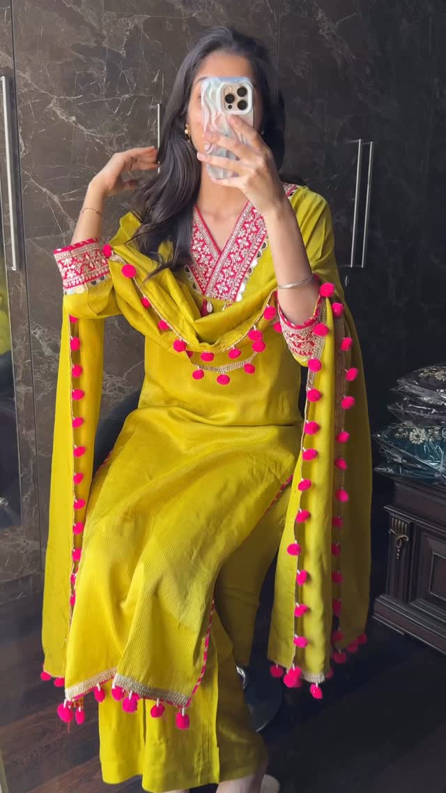 π Lime Green Pom Pom Tissue Shalwar β Playful Elegance in Every Drape