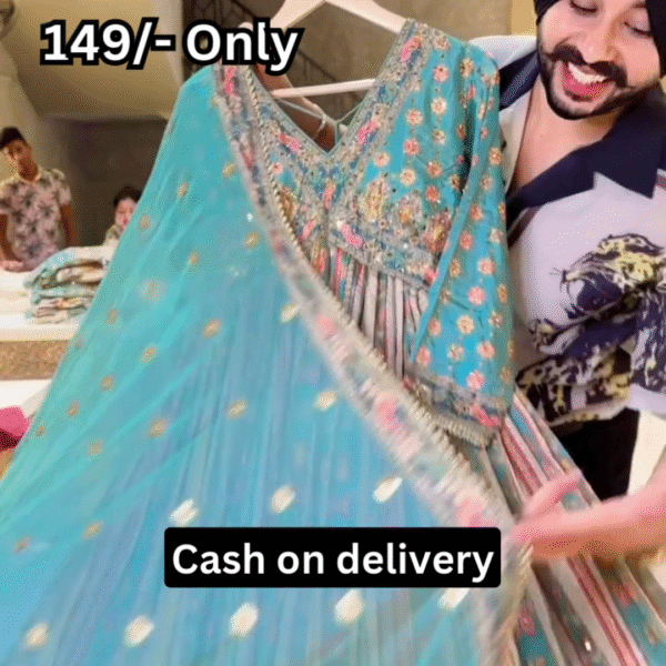 Turquoise Multicolor Printed Ethnic Dress with Embellished Bodice and Striped Lower Panel