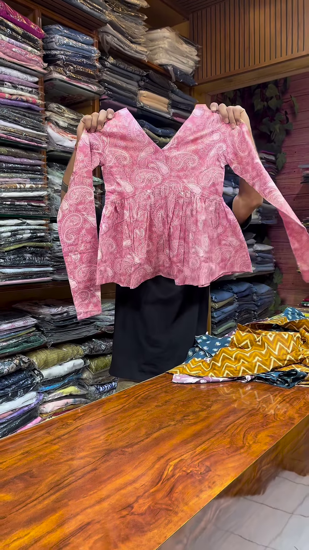 Pink Paisley Printed V-Neck Peplum Top with Long Sleeves for Women