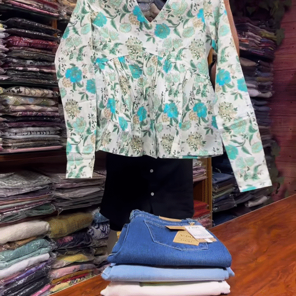 White Long-Sleeve Floral Printed Shirt with Green and Blue Motifs for Women