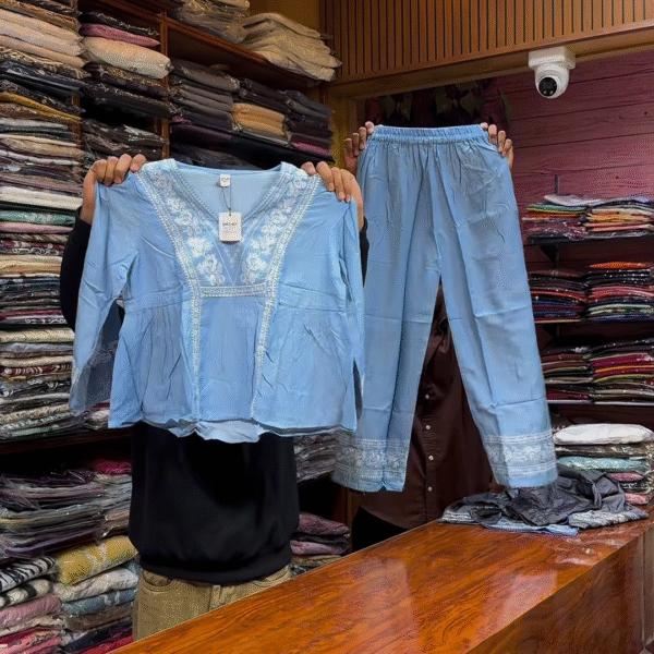 Blue Embroidered Long-Sleeve Top and Matching Pants Set with White Threadwork