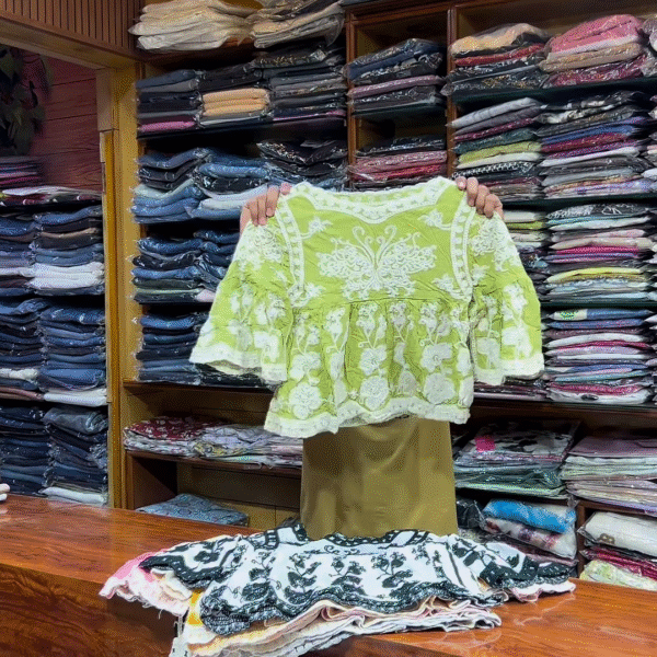 Pink and White Embroidered Long-Sleeve Top with Front Detailing for Women