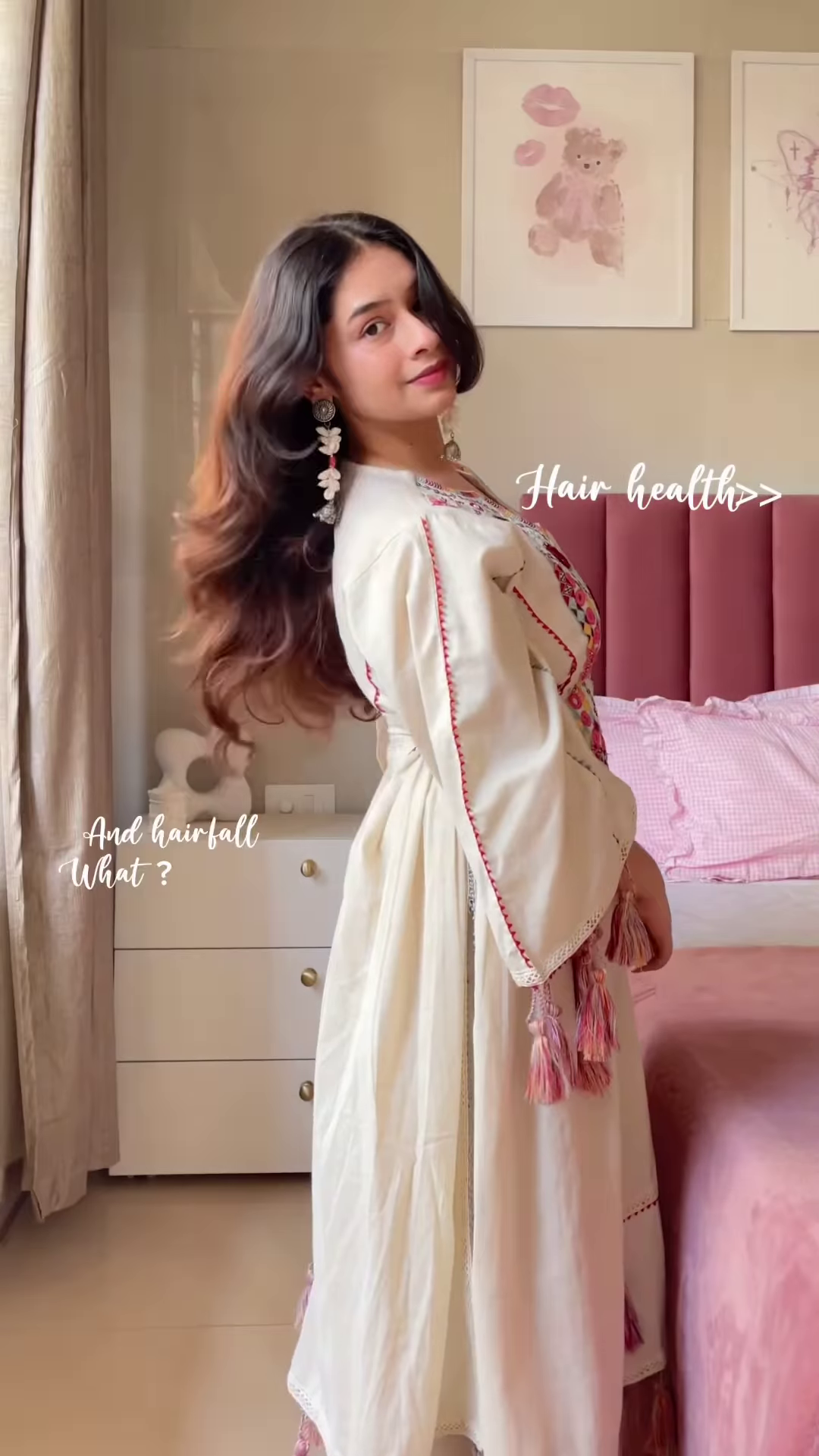 Cream-Colored Embroidered Traditional Dress with Colorful Circular Motifs and Pink Tassel Accents - Image 2