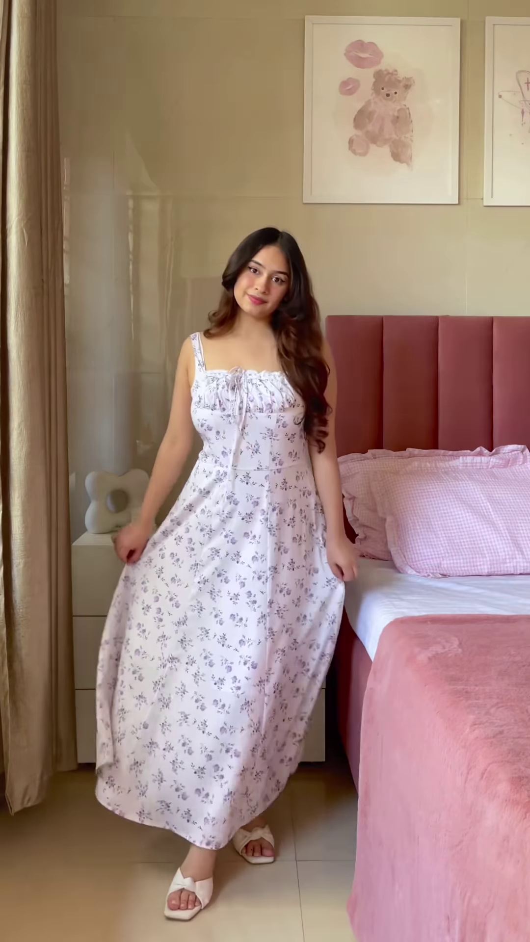 Sleeveless Pink A-Line Dress with White Floral Print and Thin Straps - Image 8