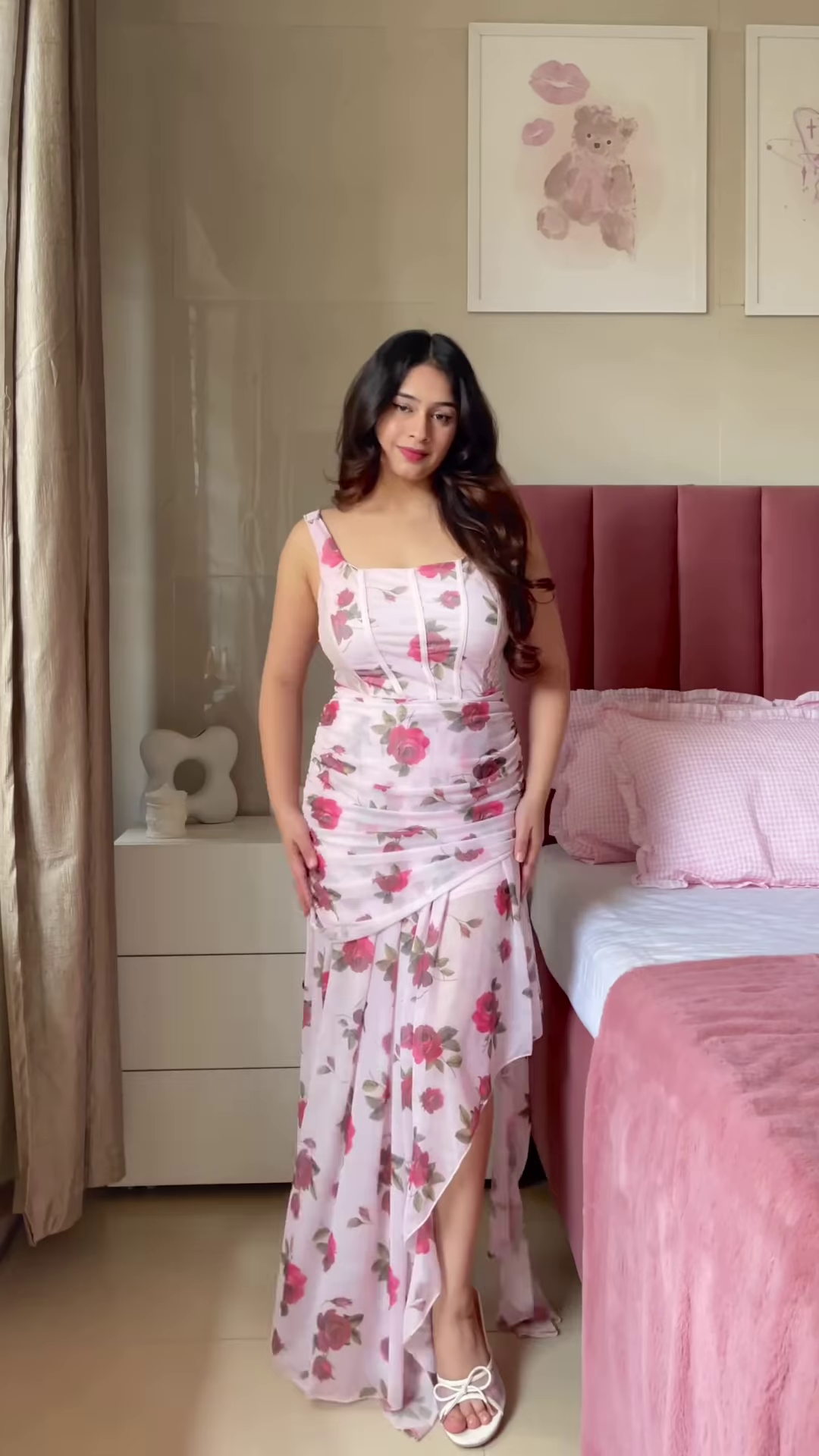 Sleeveless Pink A-Line Dress with White Floral Print and Thin Straps - Image 4