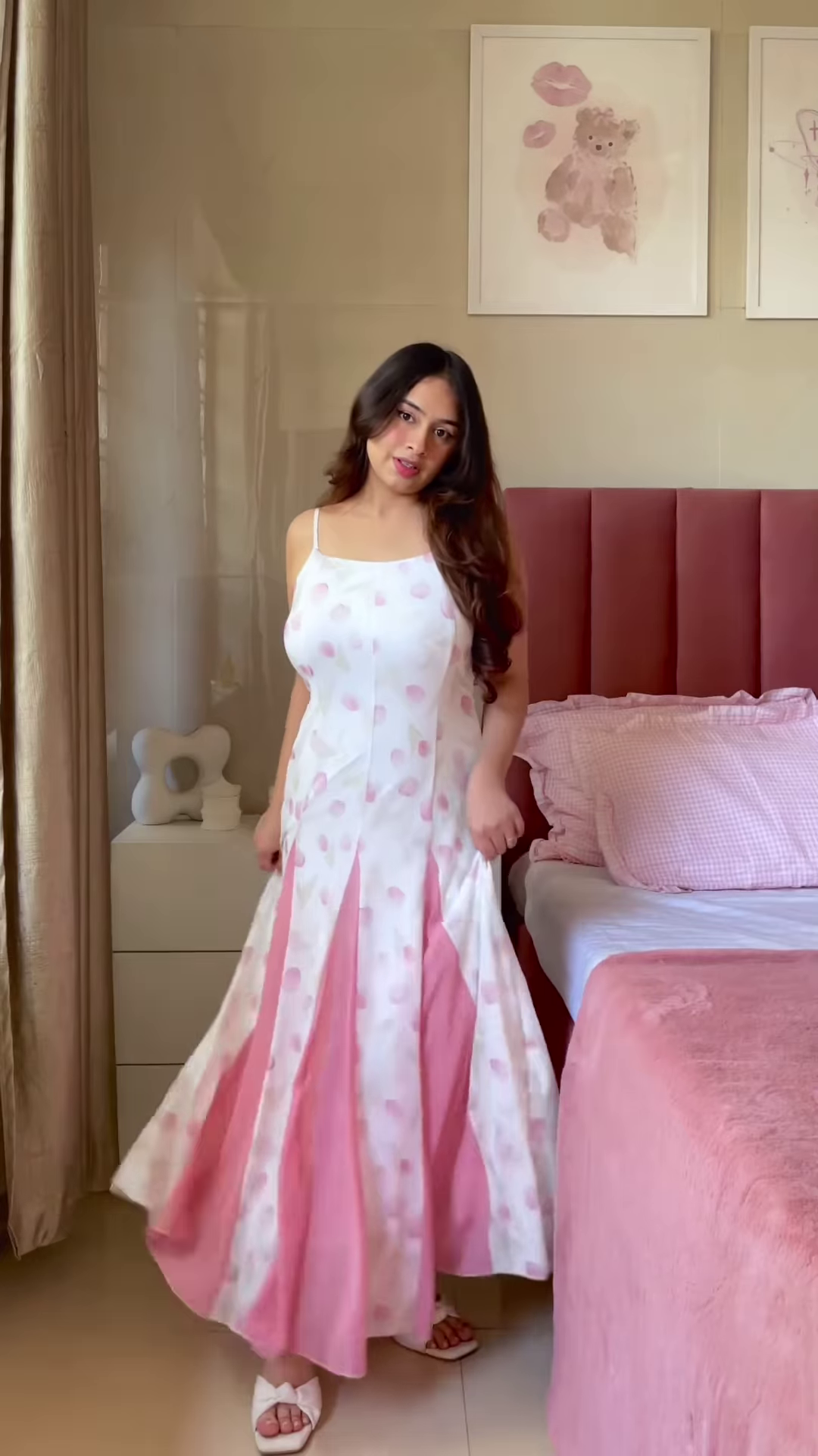 Sleeveless Pink A-Line Dress with White Floral Print and Thin Straps - Image 3