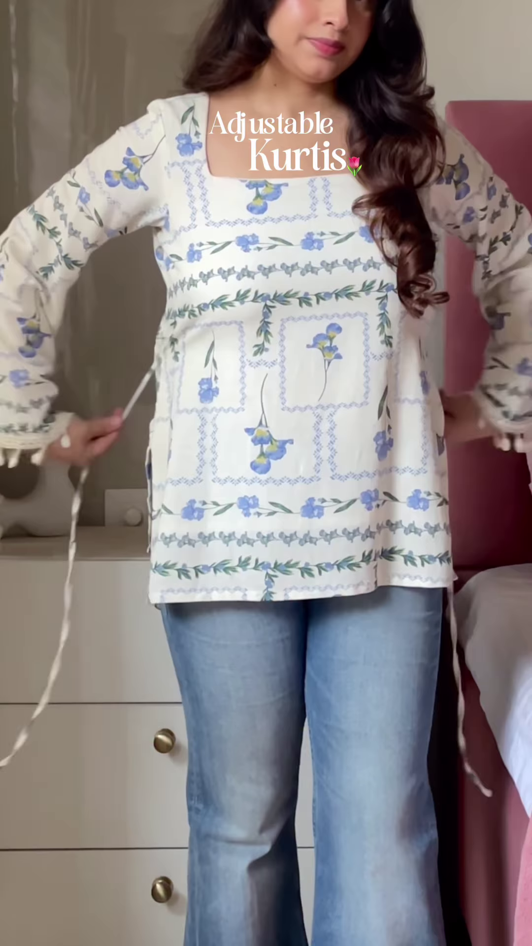 Pink Floral Printed Top with Light Blue Jeans – Casual Ethnic Fusion Wear for Women - Image 8