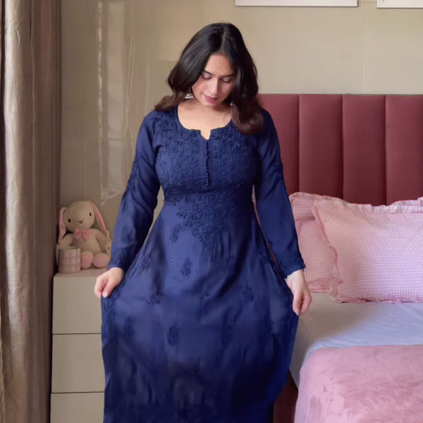 Dark Blue Embroidered Kurta with White Pants – Elegant Desi Outfit for Women
