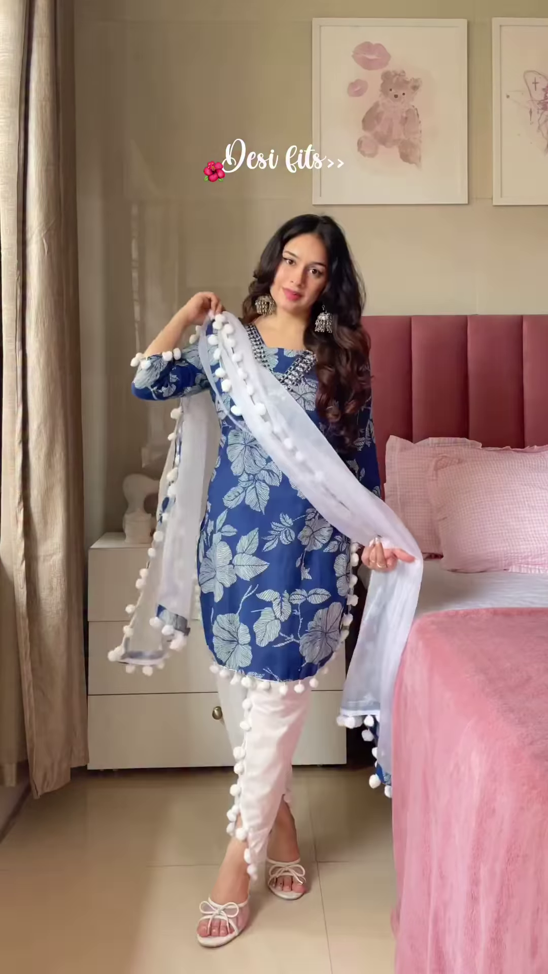 Blue Floral Kurta Set with Pom-Pom Dupatta – Ethnic Casualwear for Women - Image 5