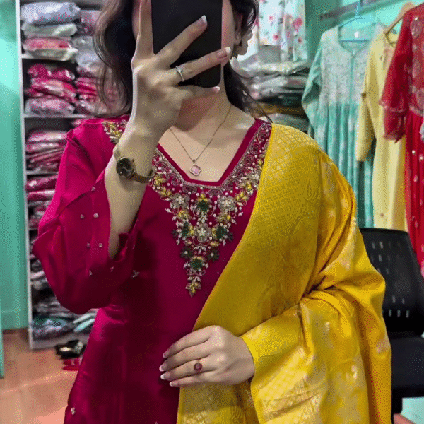 Pink & Yellow Indian Ethnic Salwar Suit | Embroidered Kurta & Silk Dupatta 🌼