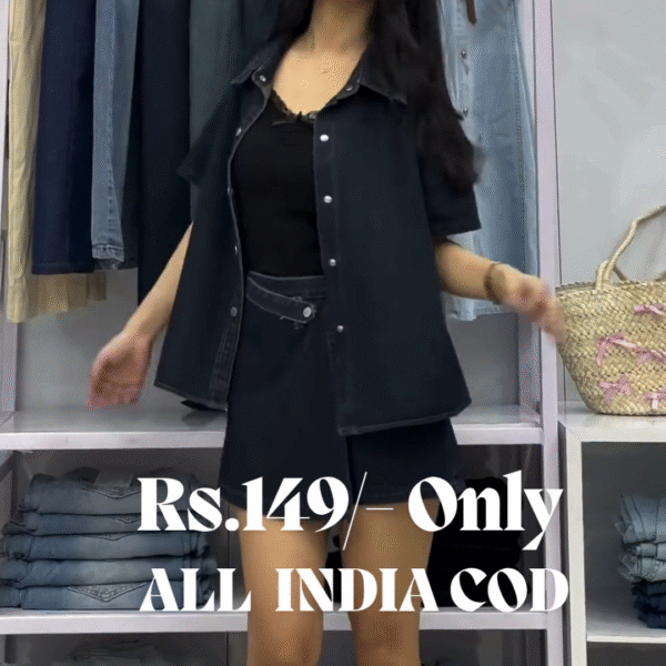 Midnight Urban Denim Chic Set | Jet Black Shirt & High-Waist Shorts for Bold Streetwear Vibes