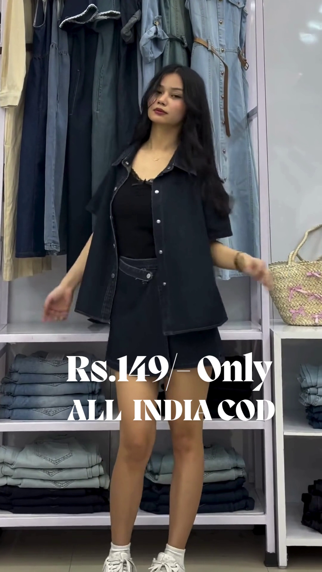 Midnight Urban Denim Chic Set | Jet Black Shirt & High-Waist Shorts for Bold Streetwear Vibes