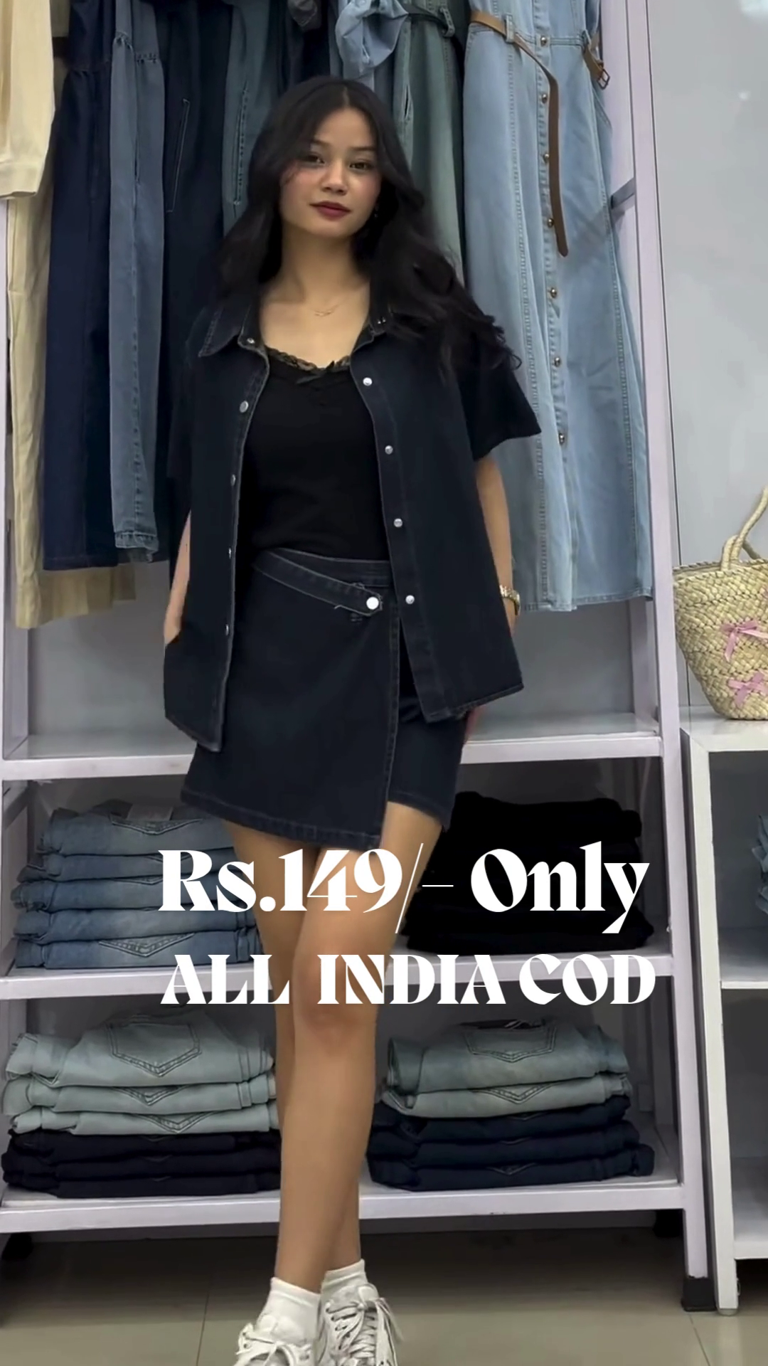 Midnight Urban Denim Chic Set | Jet Black Shirt & High-Waist Shorts for Bold Streetwear Vibes - Image 4