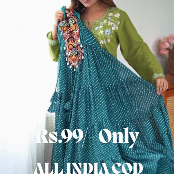 Blue Digital Printed Georgette Special Gown | Teal Halter-Neck Ethnic Partywear with 8-Meter Flared Elegance ✨