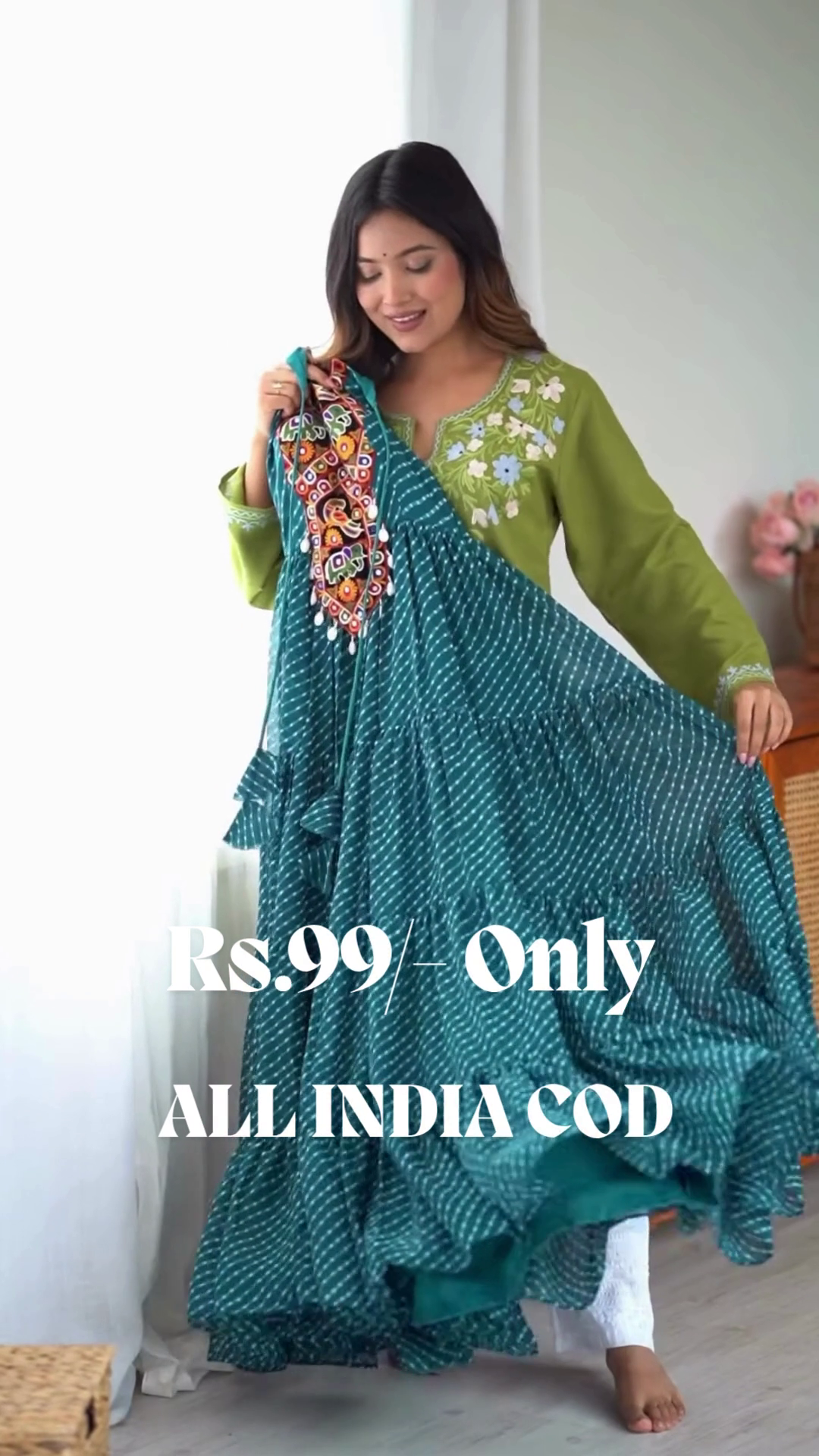 Blue Digital Printed Georgette Special Gown | Teal Halter-Neck Ethnic Partywear with 8-Meter Flared Elegance ✨