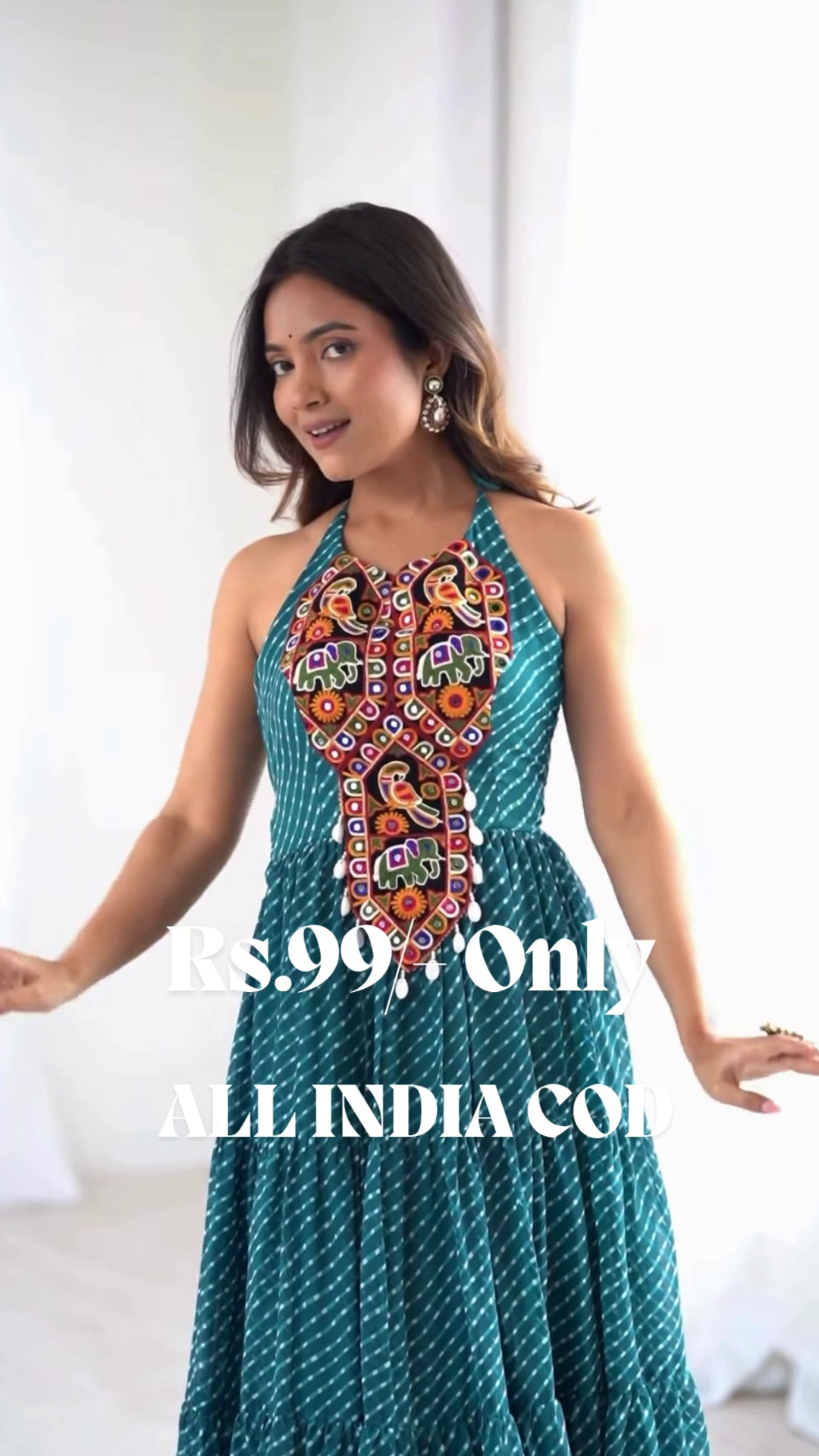 Blue Digital Printed Georgette Special Gown | Teal Halter-Neck Ethnic Partywear with 8-Meter Flared Elegance ✨ - Image 6