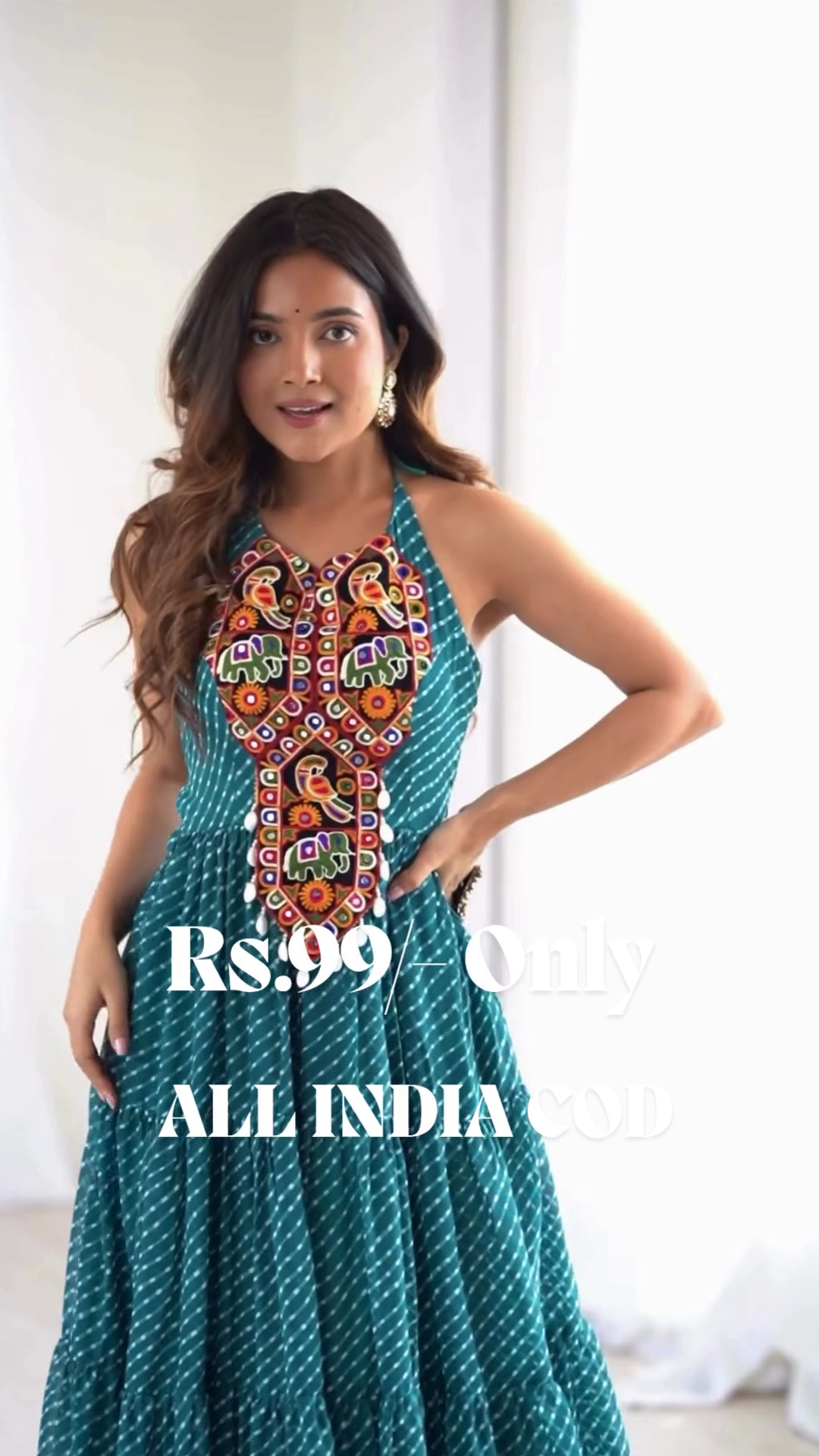 Blue Digital Printed Georgette Special Gown | Teal Halter-Neck Ethnic Partywear with 8-Meter Flared Elegance ✨ - Image 5