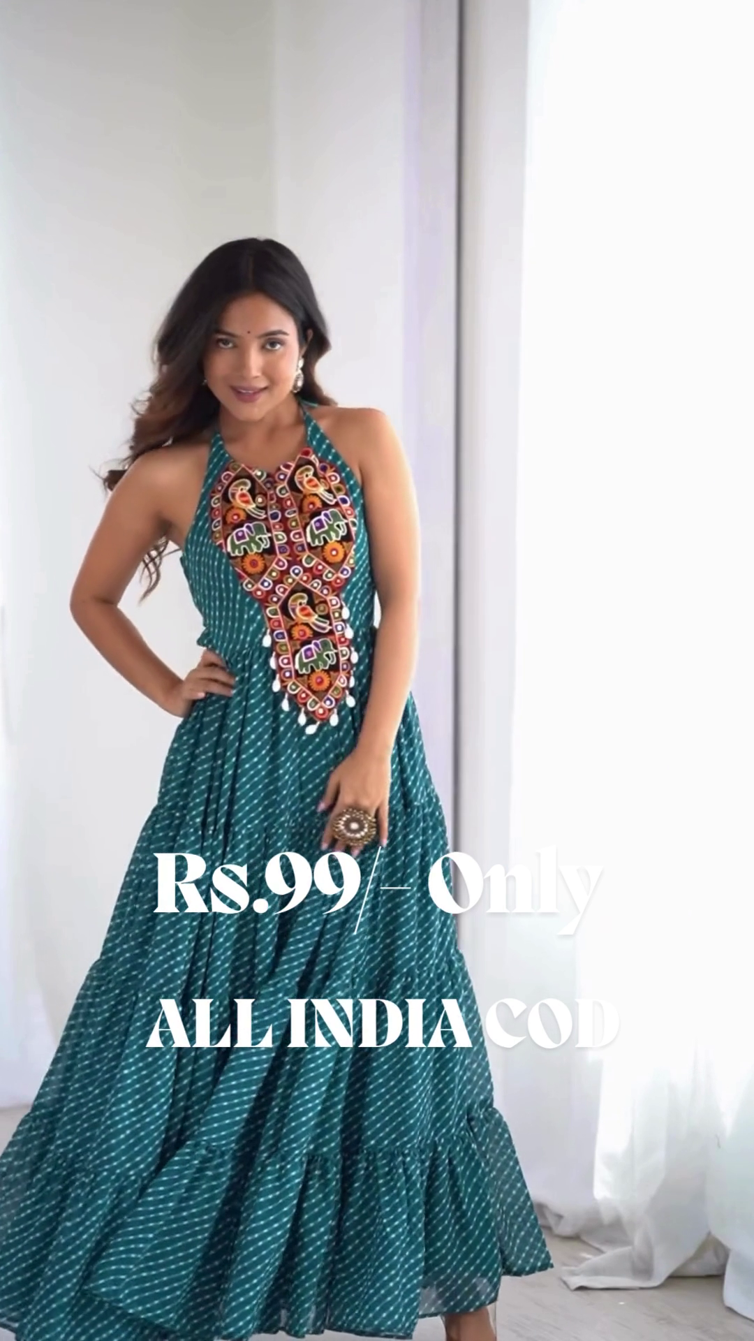 Blue Digital Printed Georgette Special Gown | Teal Halter-Neck Ethnic Partywear with 8-Meter Flared Elegance ✨ - Image 3