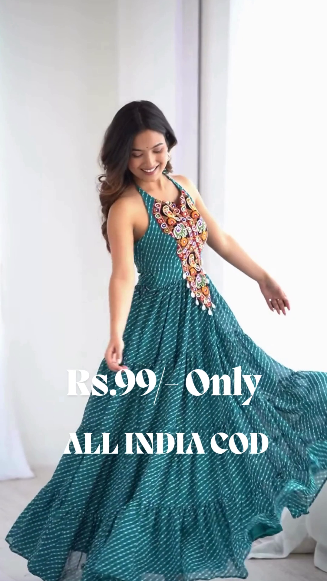 Blue Digital Printed Georgette Special Gown | Teal Halter-Neck Ethnic Partywear with 8-Meter Flared Elegance ✨ - Image 2