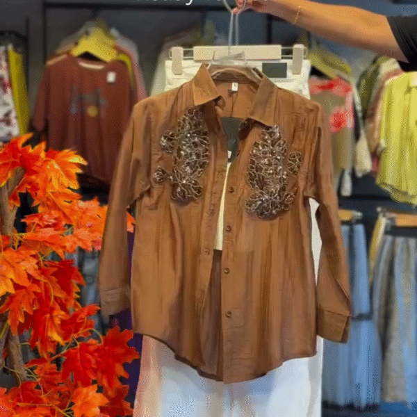 🤎 Brown Embroidered Long-Sleeve Shirt with White Shorts – Casual Chic Summer Look ☀️