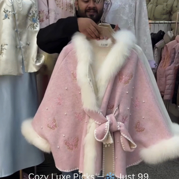 Elegant Pink Cape with Faux Fur Trim & Butterfly Embroidery