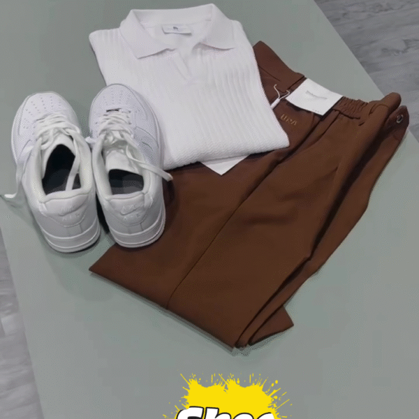 Effortless Elegance Combo – White Ribbed Korean Polo, Brown Trousers & Classic Shoes @ Just Rs. 370/-