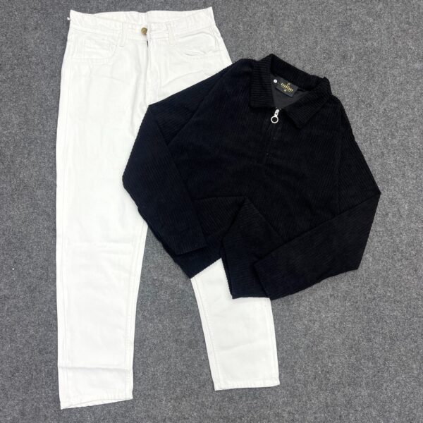 🖤🤍 Black Corduroy Half-Zip Jacket & White Jeans – Modern Casual with a Premium Edge 🤍🖤