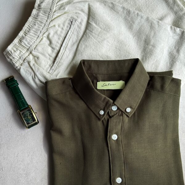 🌿 Naturally Refined Style: Safuu Olive Green Linen Shirt with Cream Linen-Blend Trousers 🤍