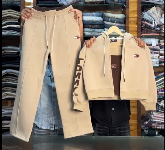 Beige Tommy Hilfiger Tracksuit – Cropped Hoodie & Joggers with Embroidered Logo