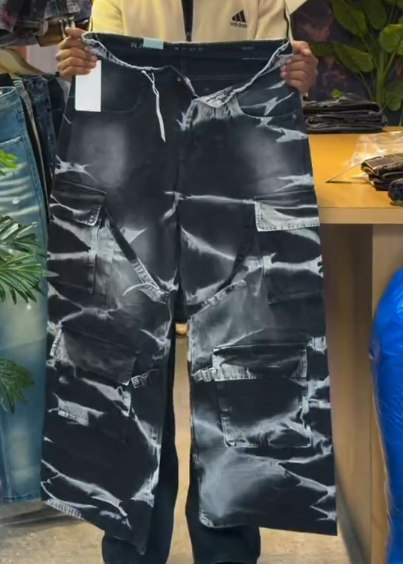 Black Denim Baggy Cargo Pants – White Lightning Design Streetwear for Men & Women