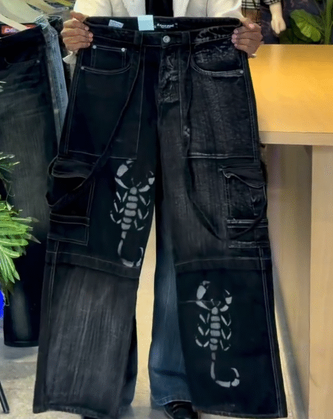 Baggy Cargo Denim Jeans with Scorpion Graphic – Edgy Streetwear for Men & Women