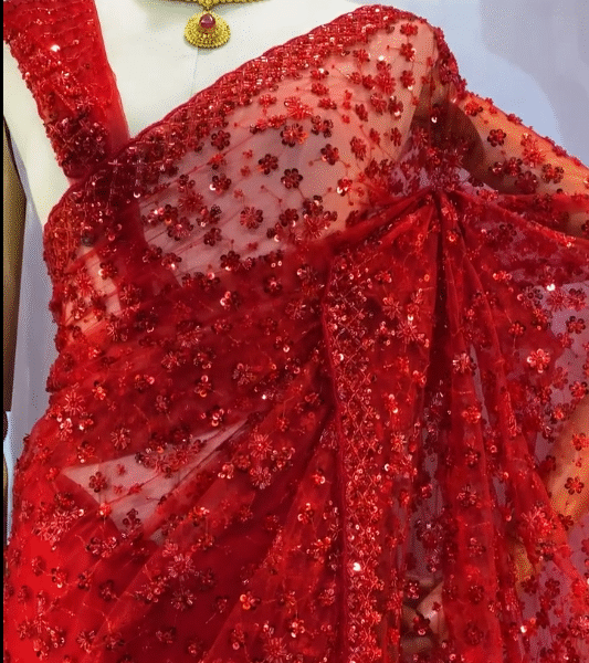 ✨ Red Net Saree with All-Over Floral Heavy Sequins Embroidery – Glamour Meets Tradition ✨