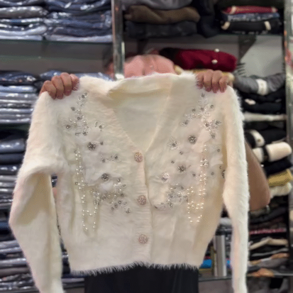 QUEENS COURT Embellished White Cardigan – Elegant Acrylic & Nylon Knit Sweater