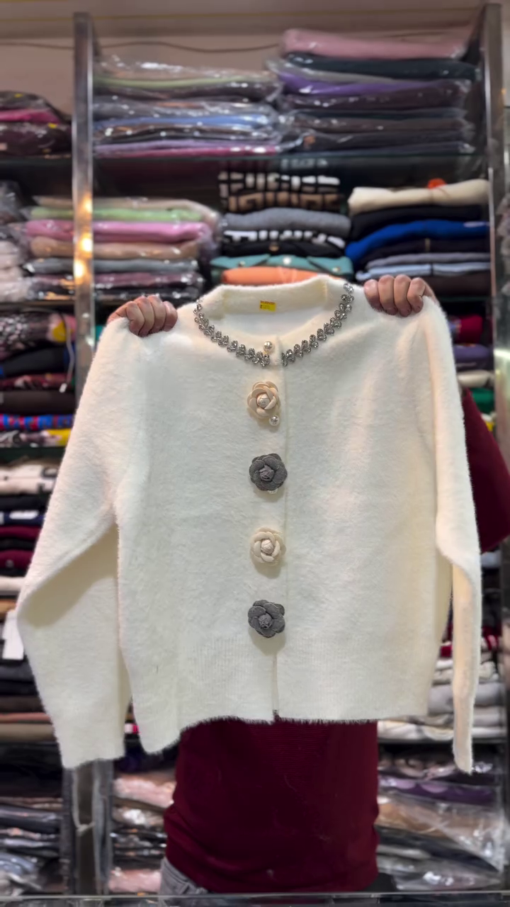 White Fuzzy Cardigan with Embellished Neckline & Flower-Shaped Buttons – Cozy Chic Women’s Sweater