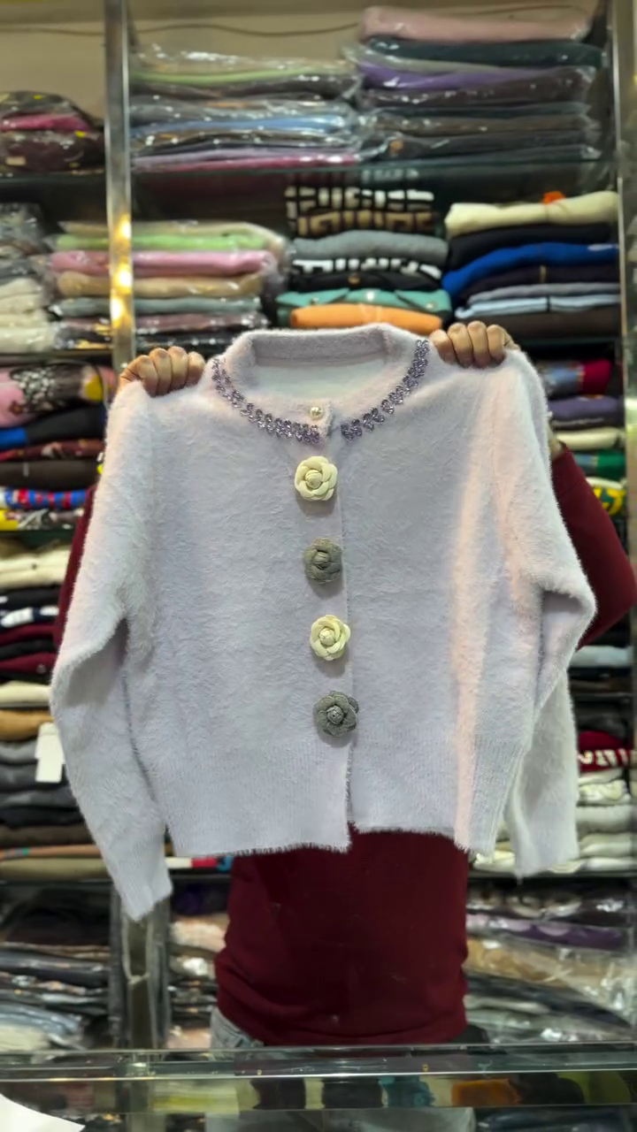 White Fuzzy Cardigan with Embellished Neckline & Flower-Shaped Buttons – Cozy Chic Women’s Sweater - Image 2