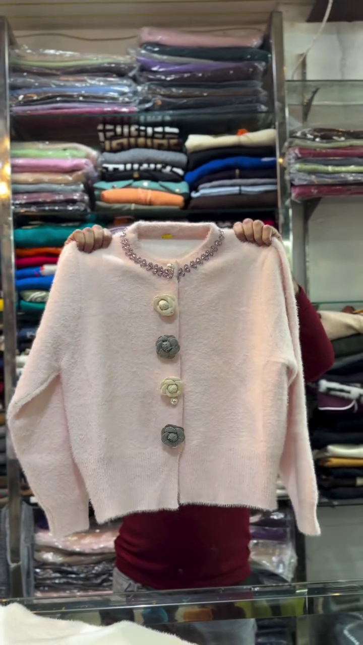 White Fuzzy Cardigan with Embellished Neckline & Flower-Shaped Buttons – Cozy Chic Women’s Sweater - Image 3