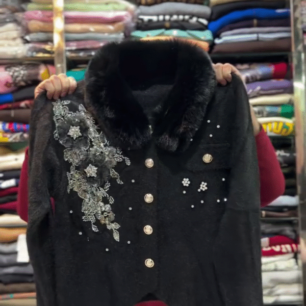 Black Faux Fur Jacket with Rhinestone & Pearl Embellishments – Luxe Women’s Outerwear