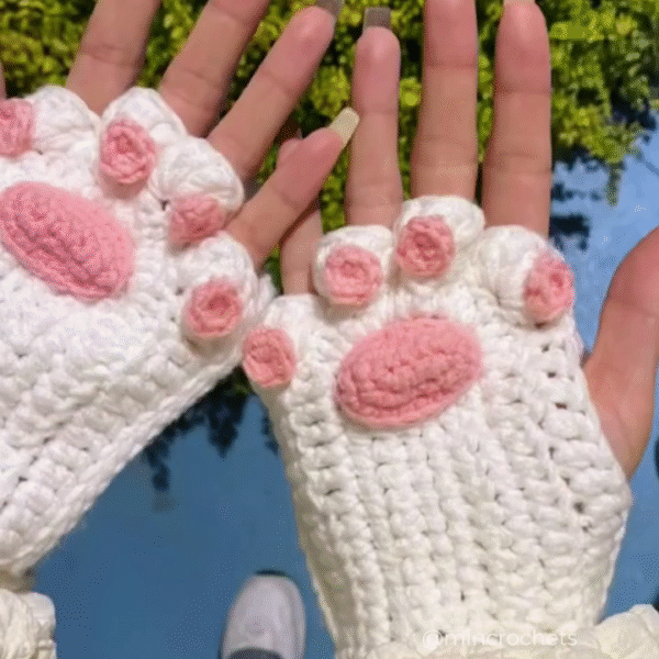 Handmade Crochet Cat Paw Fingerless Gloves – Adorable White with Pink Pads