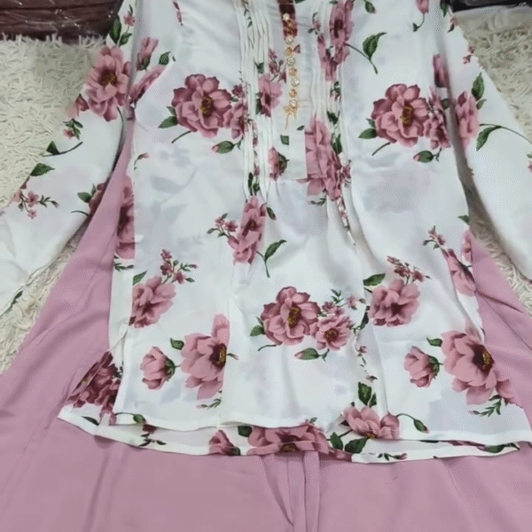 ✨ White & Pink Floral Print Women’s Kurta Set with Mandarin Collar & Palazzo – Effortless Elegance ✨