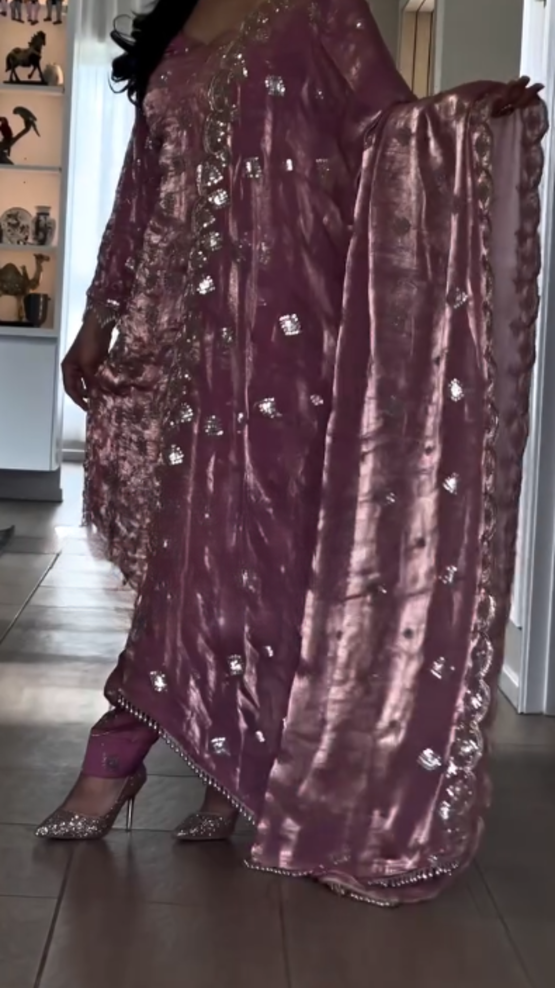 Rose-Mauve Afghani Patiala Set β Velvet Elegance with Hand Embroidery πΈβ¨ - Image 3