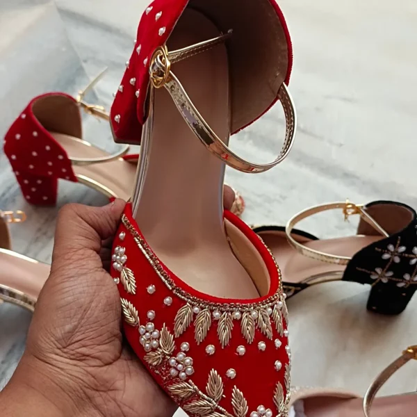 Red Embroidered Velvet Block Heel Sandals – Elegant Statement Footwear 👠✨