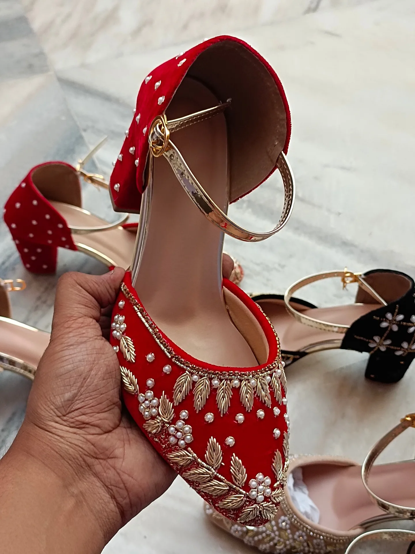 Red Embroidered Velvet Block Heel Sandals β Elegant Statement Footwear π β¨