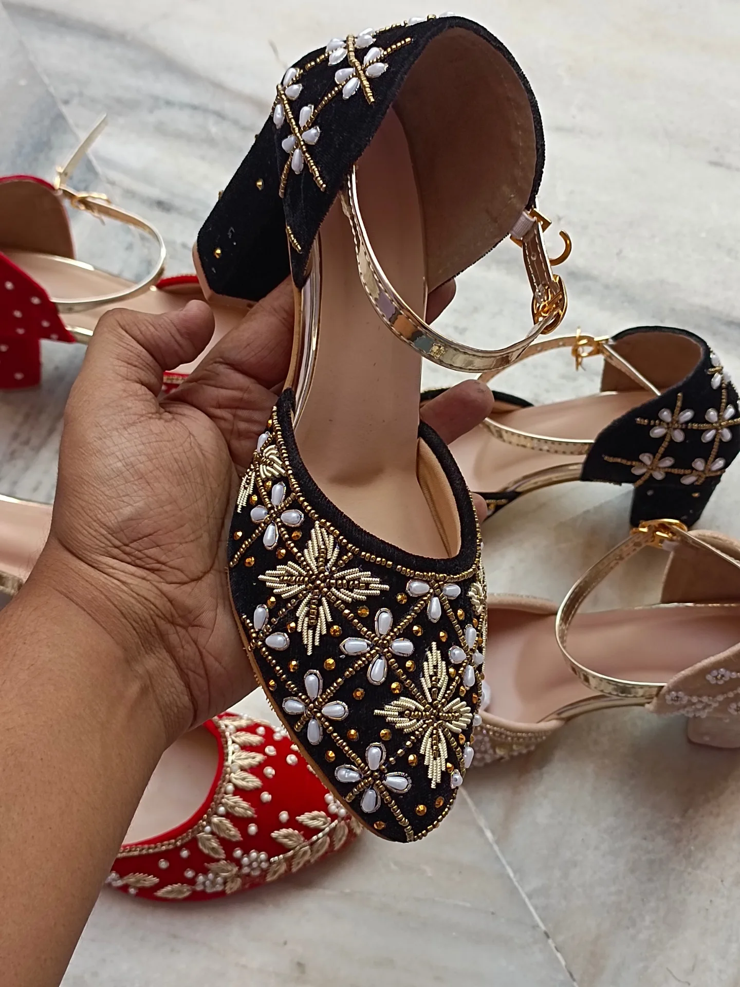 Red Embroidered Velvet Block Heel Sandals β Elegant Statement Footwear π β¨ - Image 13
