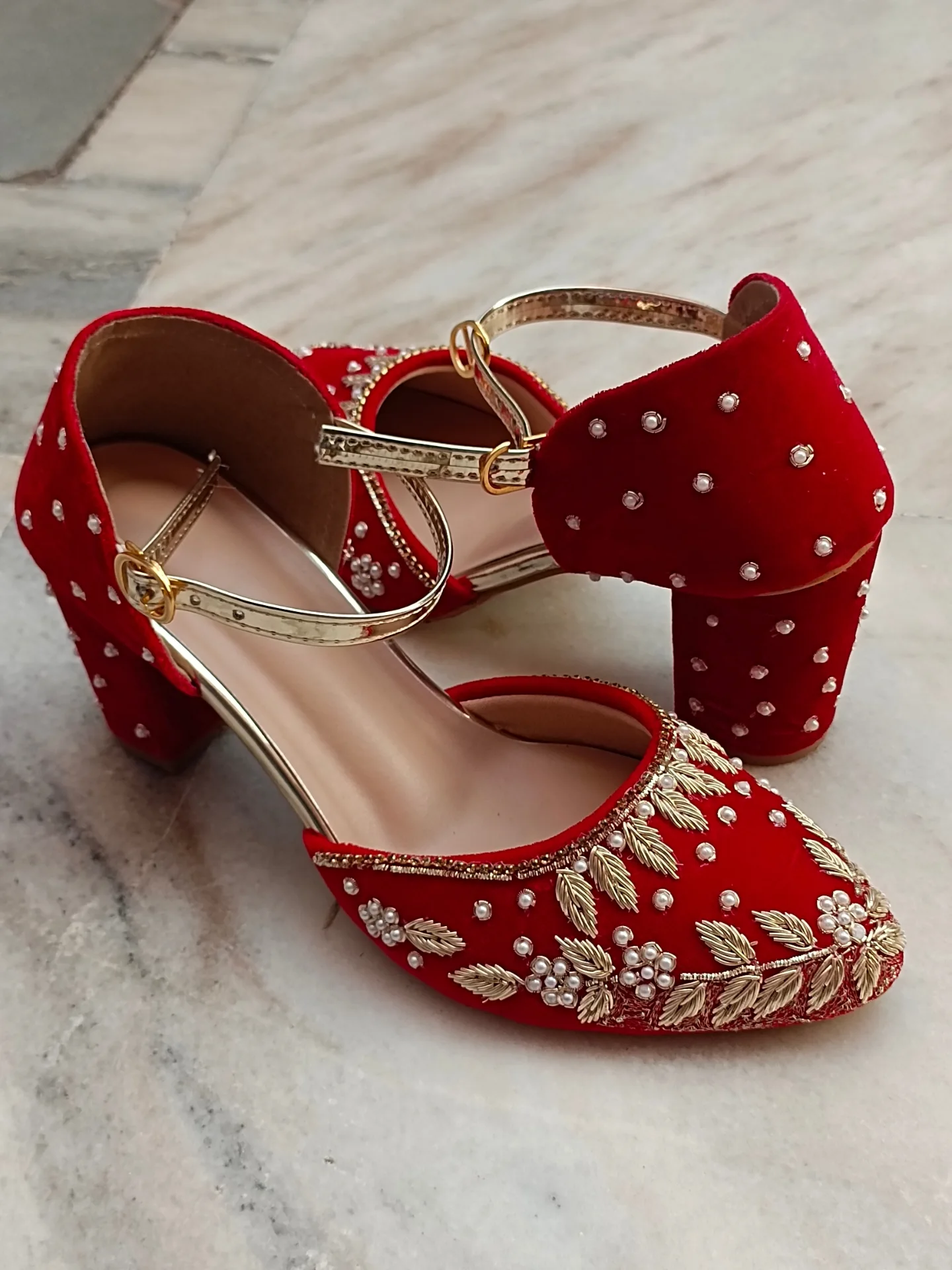 Red Embroidered Velvet Block Heel Sandals β Elegant Statement Footwear π β¨ - Image 8