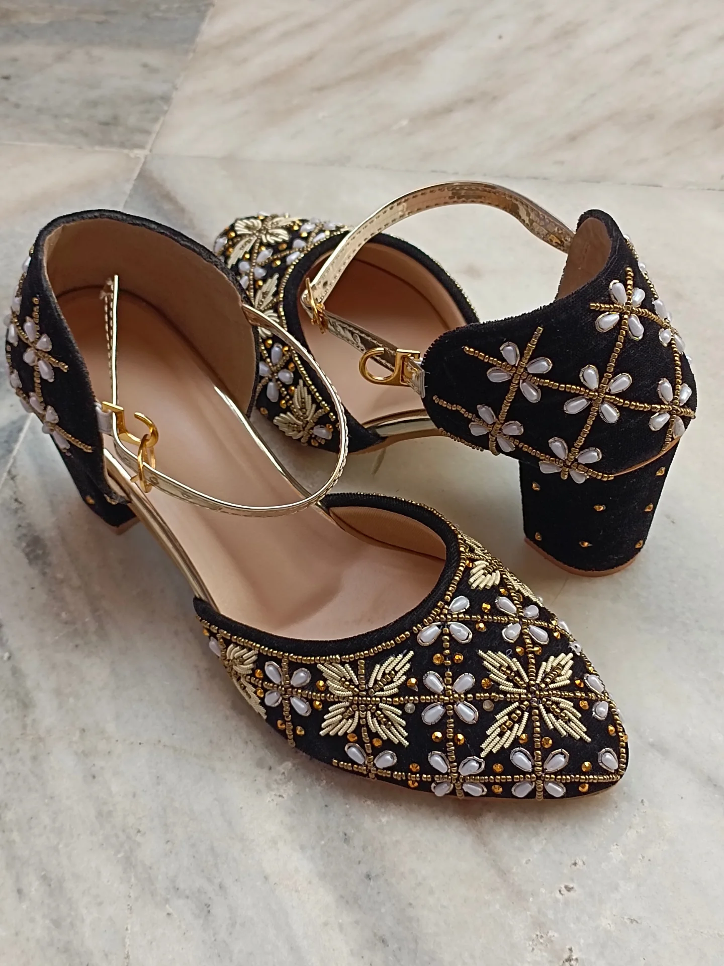 Red Embroidered Velvet Block Heel Sandals β Elegant Statement Footwear π β¨ - Image 7