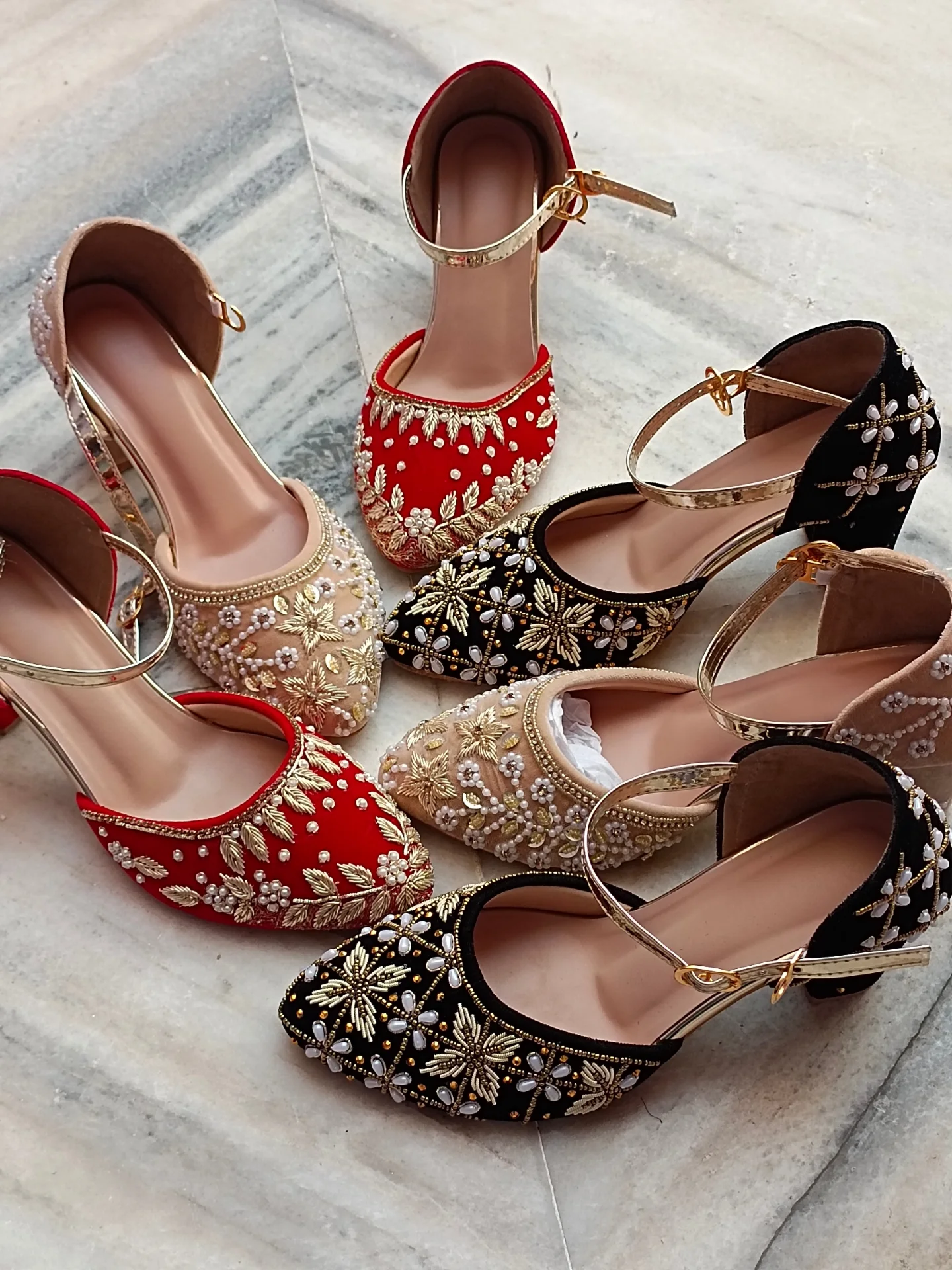 Red Embroidered Velvet Block Heel Sandals β Elegant Statement Footwear π β¨ - Image 6