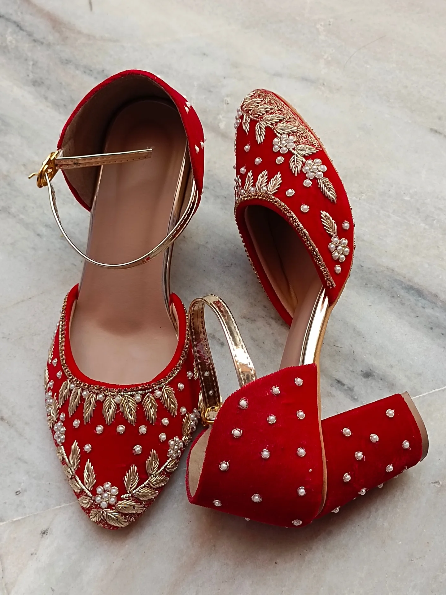 Red Embroidered Velvet Block Heel Sandals β Elegant Statement Footwear π β¨ - Image 5