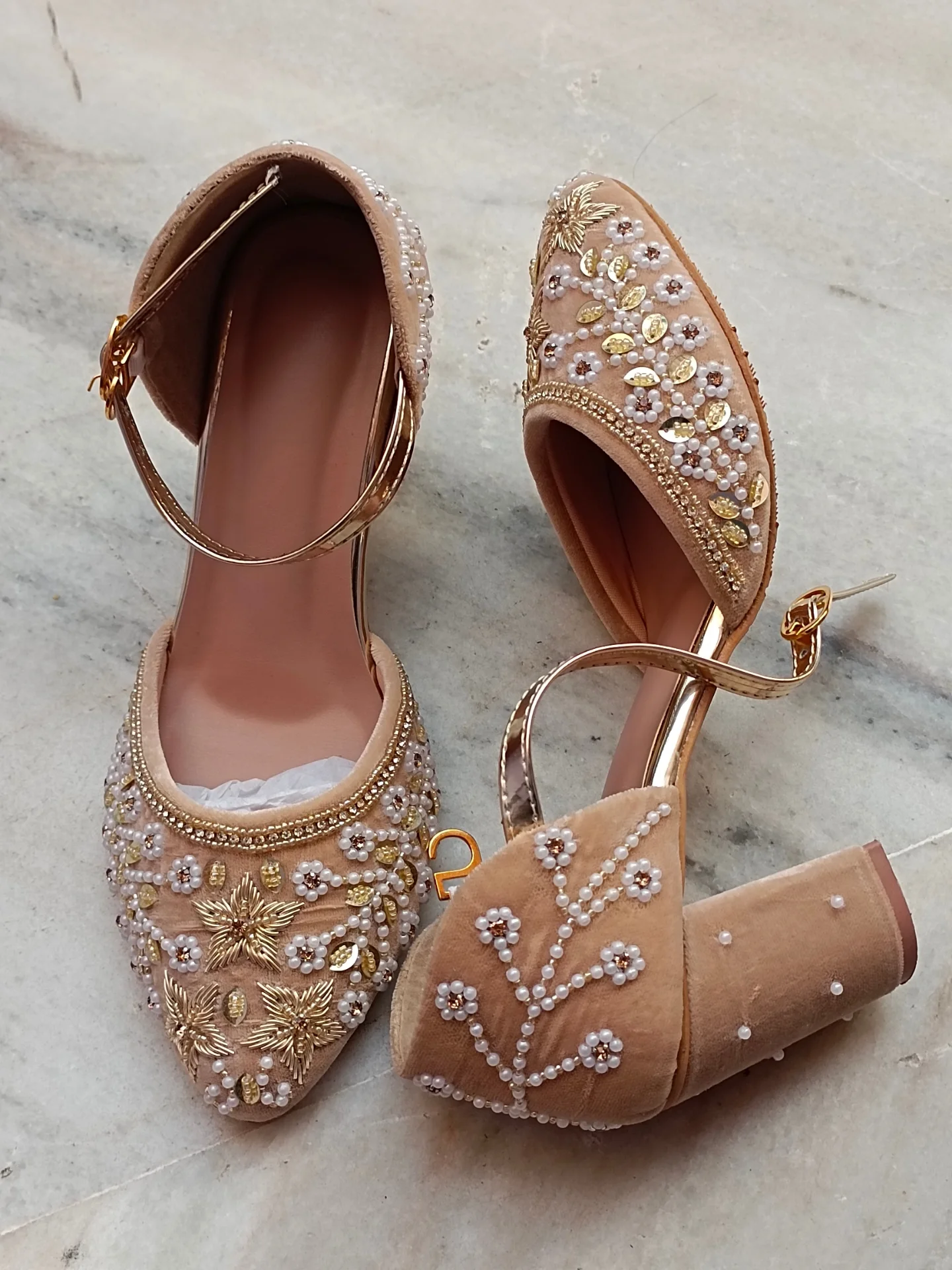 Red Embroidered Velvet Block Heel Sandals β Elegant Statement Footwear π β¨ - Image 4