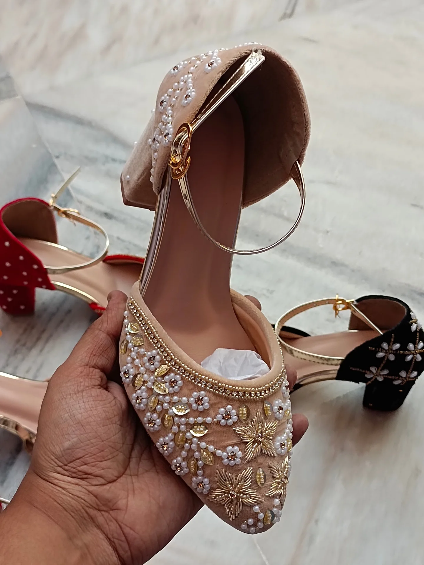 Red Embroidered Velvet Block Heel Sandals β Elegant Statement Footwear π β¨ - Image 3